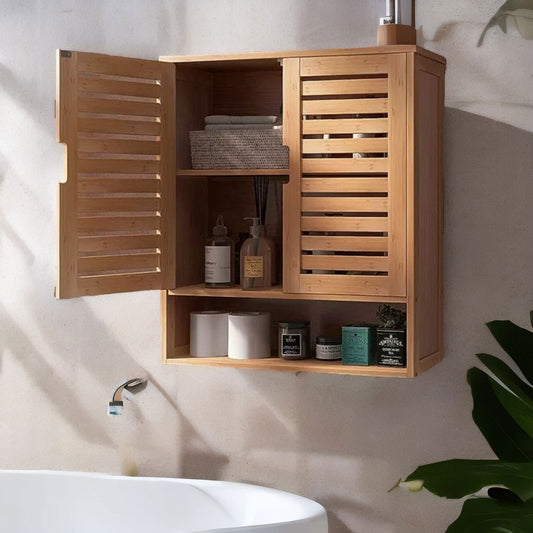 Wooden Bathroom Wall Storage Cabinet Organiser Natural Brown