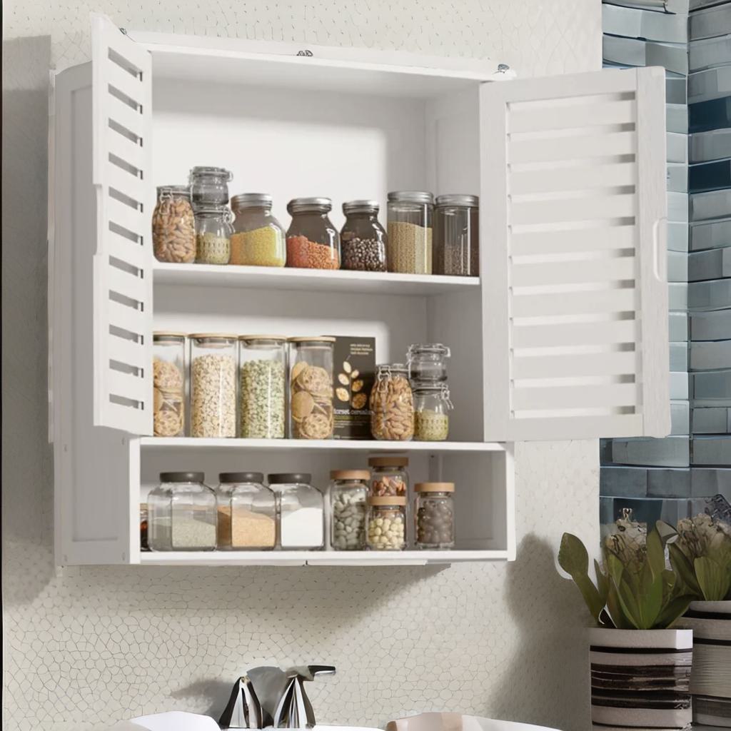Wooden Bathroom Wall Storage Cabinet Organiser White