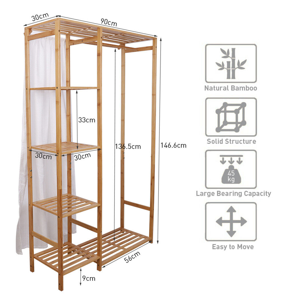 Natural Wooden Wooden Clothes Rail With 5 Shelves Open Wardrobe Garment Rail Garment Rack