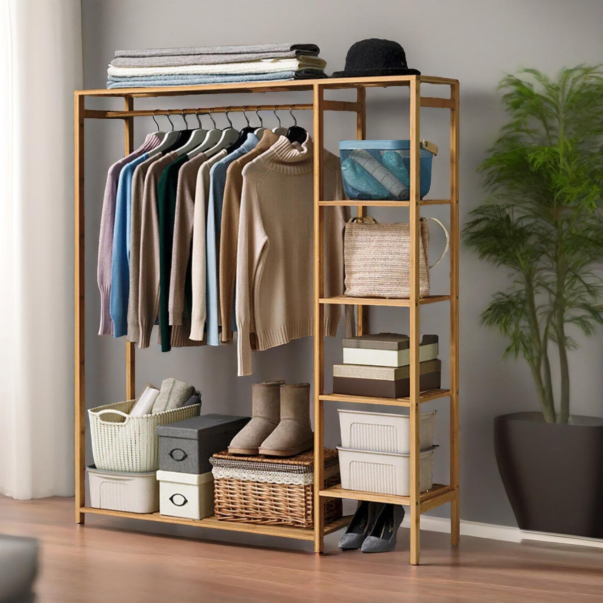 Natural Wooden Wooden Clothes Rail With 5 Shelves Open Wardrobe Garment Rail Garment Rack