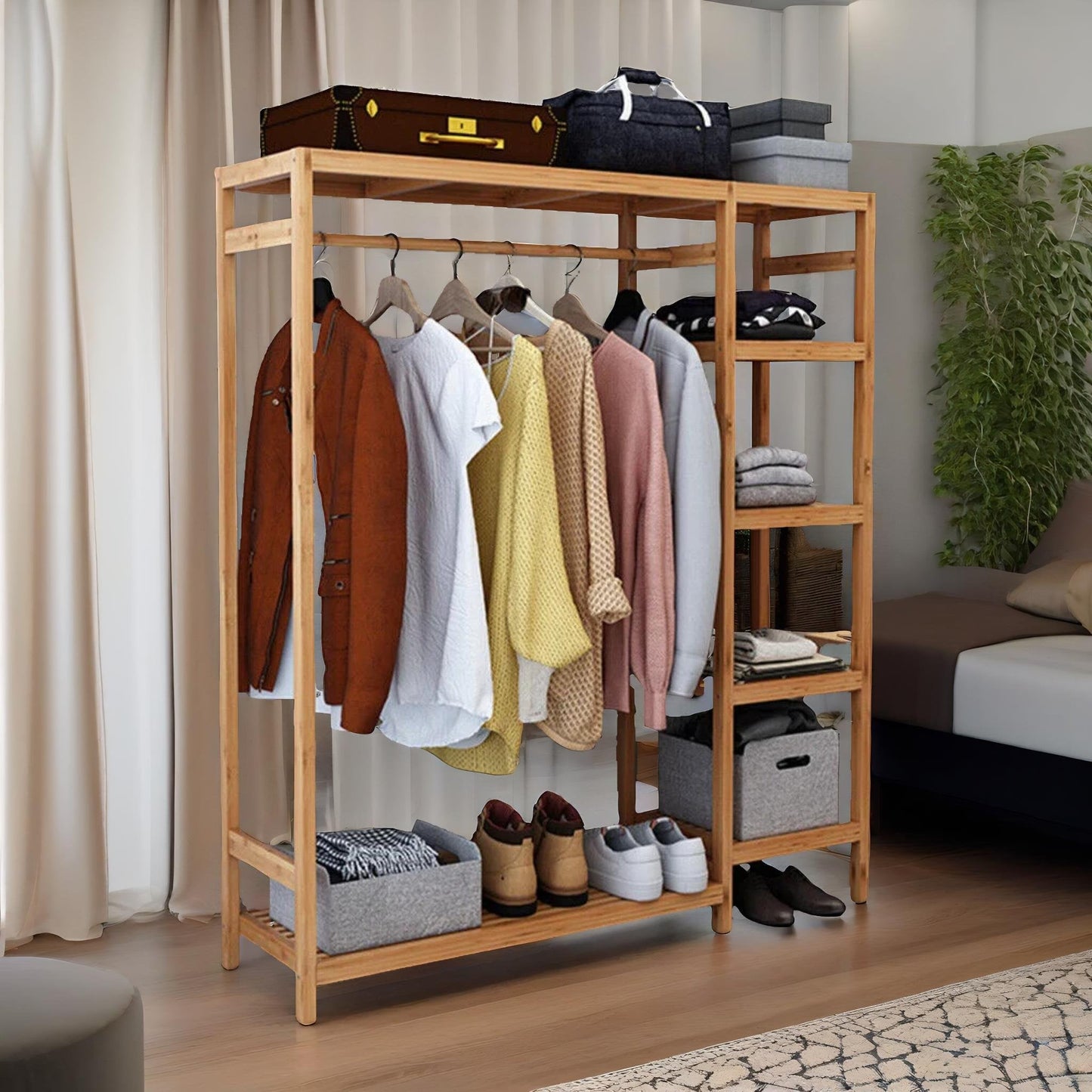 Natural Wooden Wooden Clothes Rail With 5 Shelves Open Wardrobe Garment Rail Garment Rack