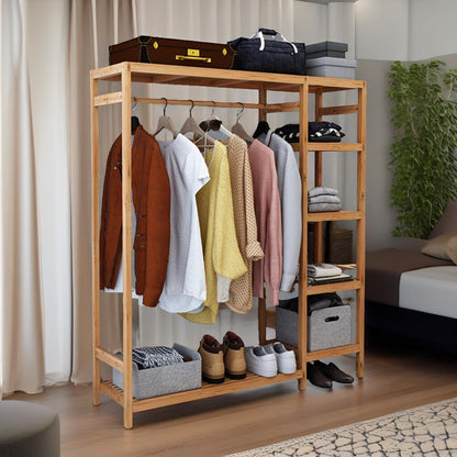 Natural Wooden Wooden Clothes Rail With 5 Shelves Open Wardrobe Garment Rail Garment Rack