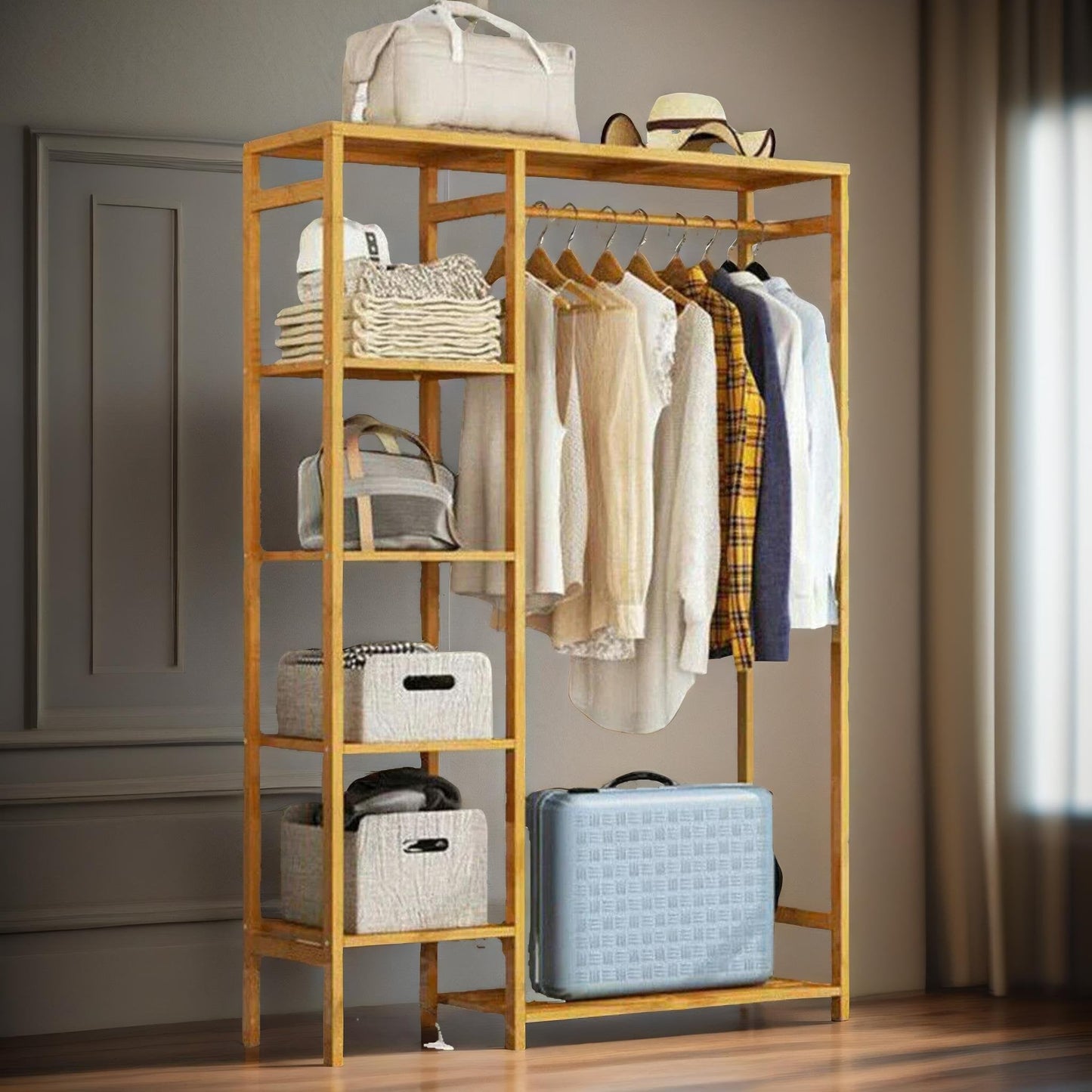 Natural Wooden Wooden Clothes Rail With 5 Shelves Open Wardrobe Garment Rail Garment Rack