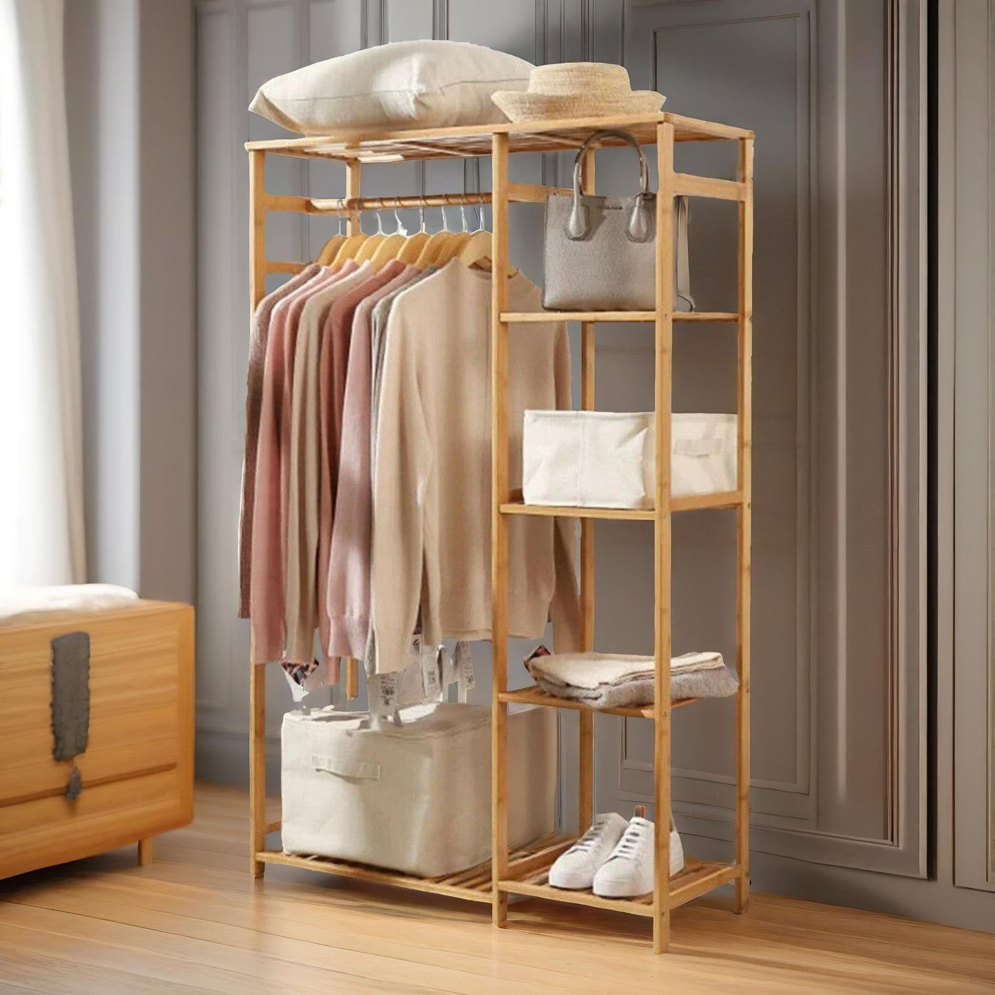 Natural Wooden Wooden Clothes Rail With 5 Shelves Open Wardrobe Garment Rail Garment Rack