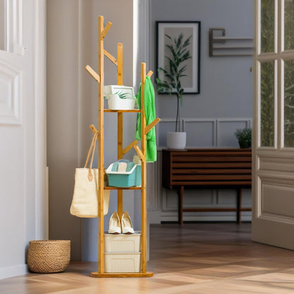 Wooden Coat Stand With 9 Hooks & 2 Shelves