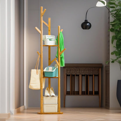 Wooden Coat Stand With 9 Hooks & 2 Shelves