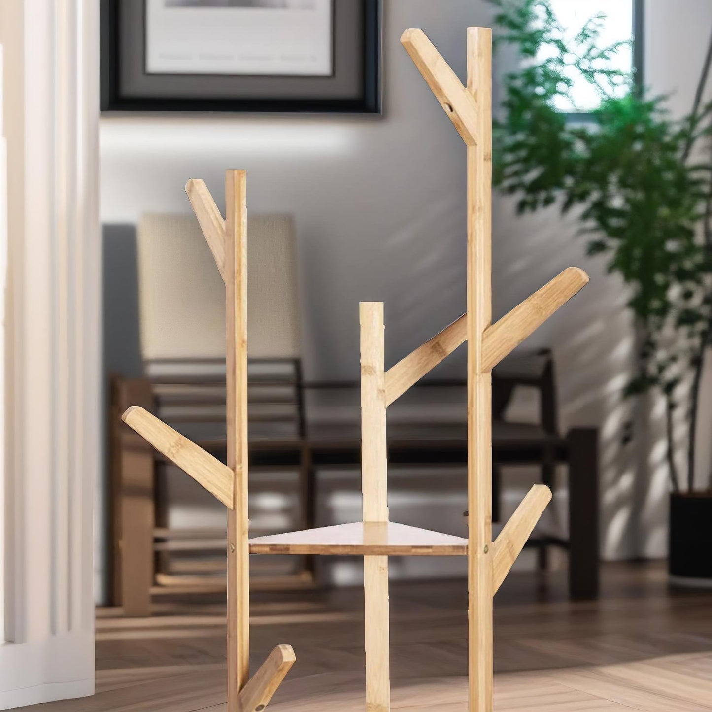 Wooden Coat Stand With 9 Hooks & 2 Shelves