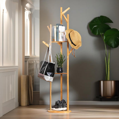 Wooden Coat Stand With 9 Hooks & 2 Shelves