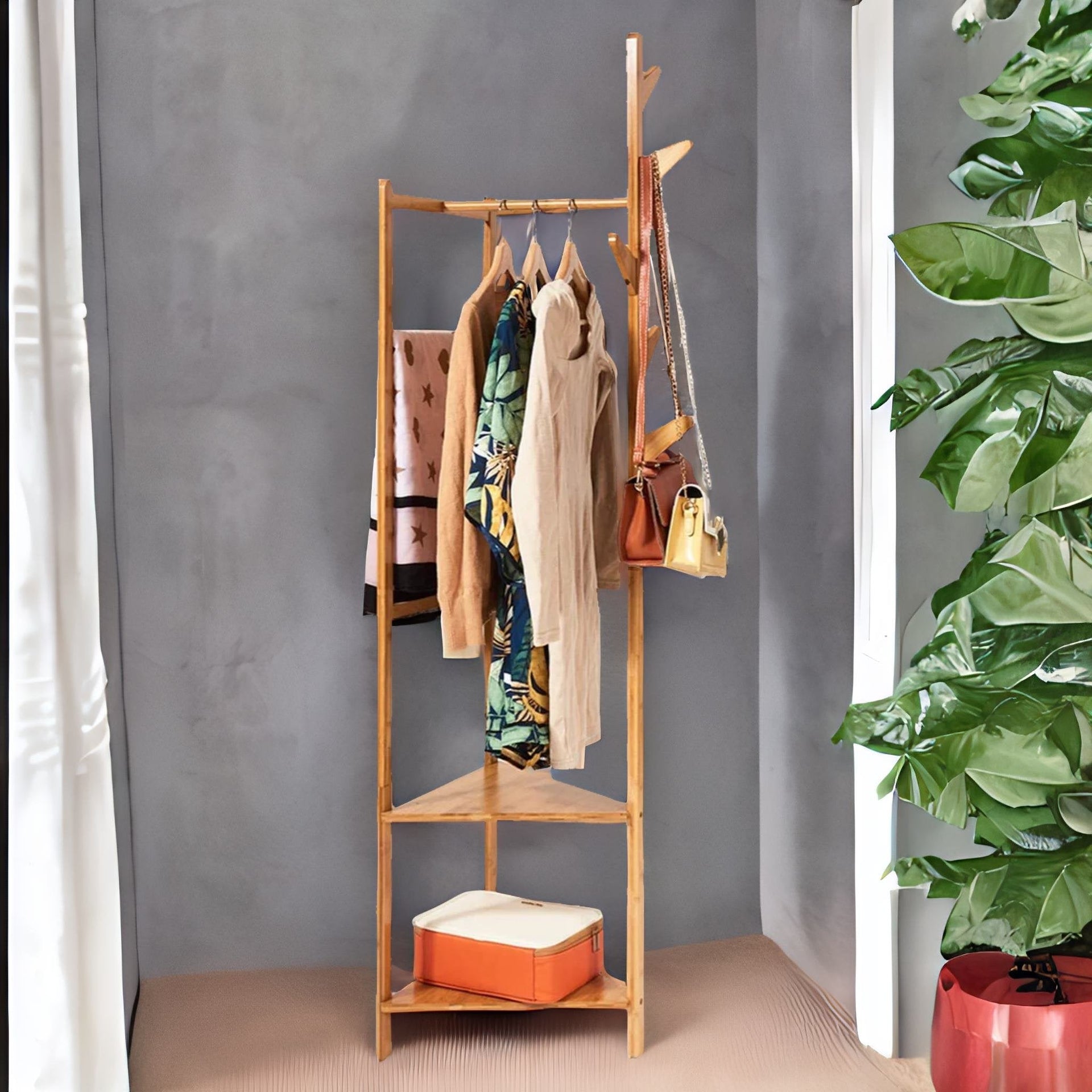 Wooden Coat Rack Stand With 2 Shelves