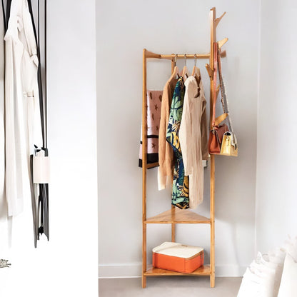 Wooden Coat Rack Stand With 2 Shelves