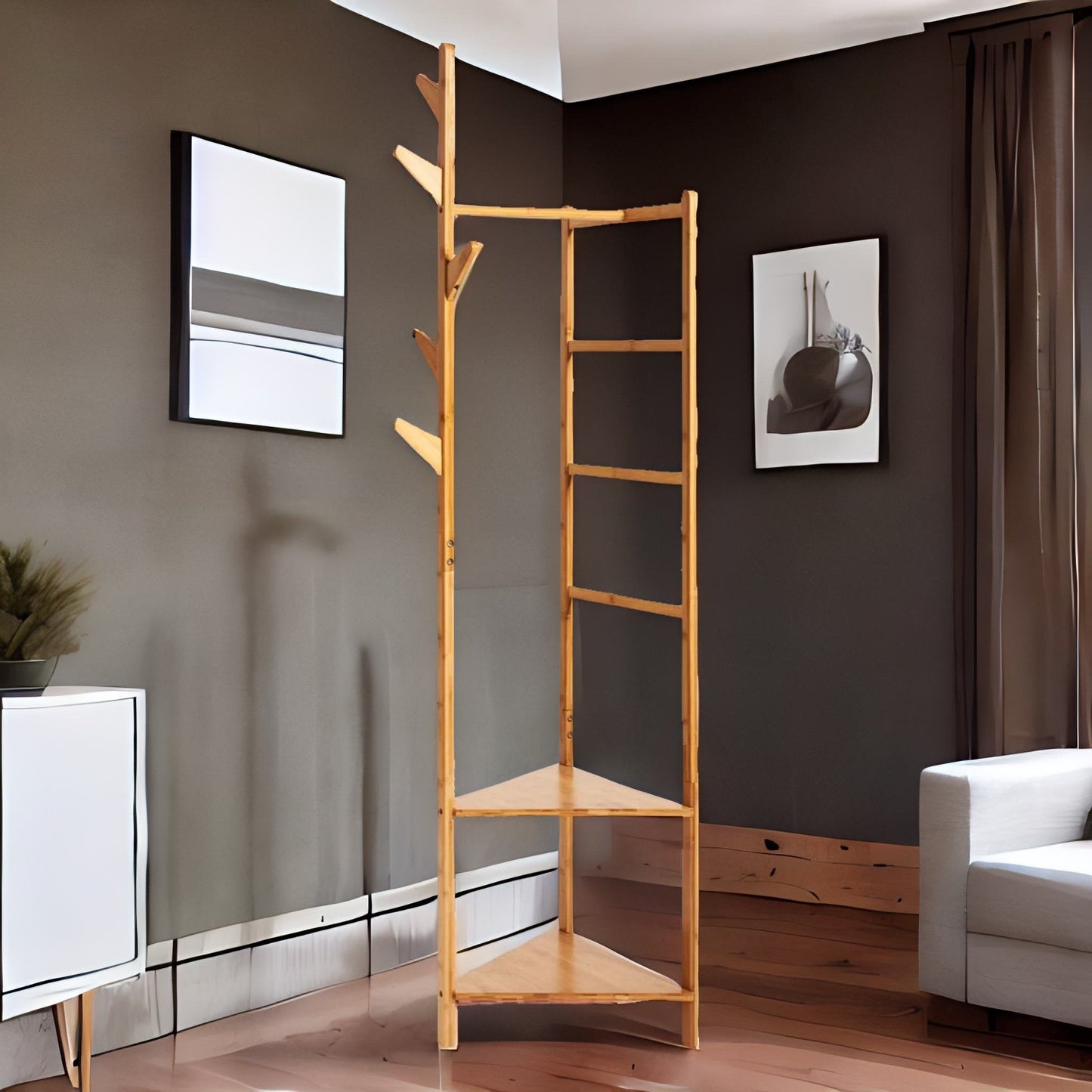 Wooden Coat Rack Stand With 2 Shelves
