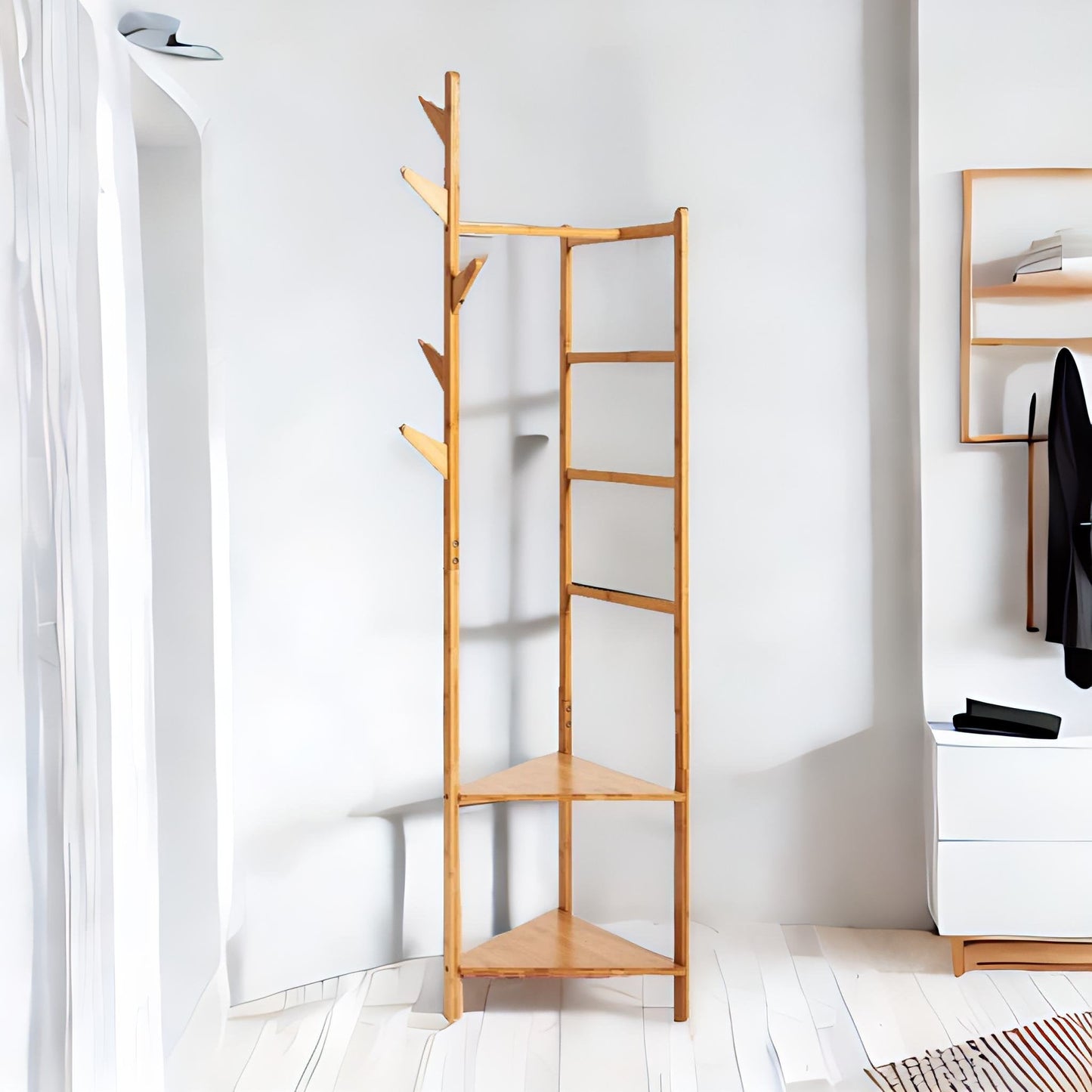 Wooden Coat Rack Stand With 2 Shelves