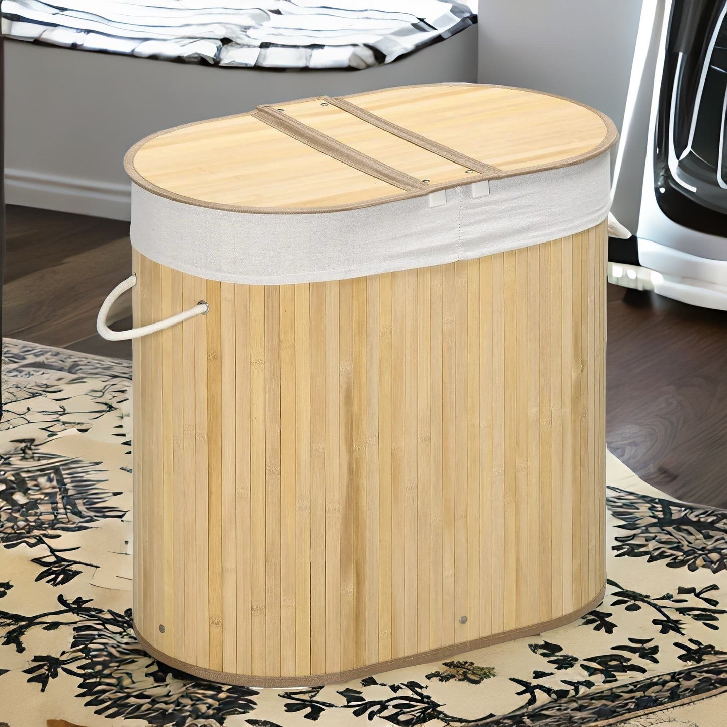 Wooden Double Laundry Basket With Lid & Removable Lining