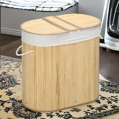 Wooden Double Laundry Basket With Lid & Removable Lining