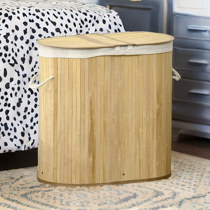 Wooden Double Laundry Basket With Lid & Removable Lining