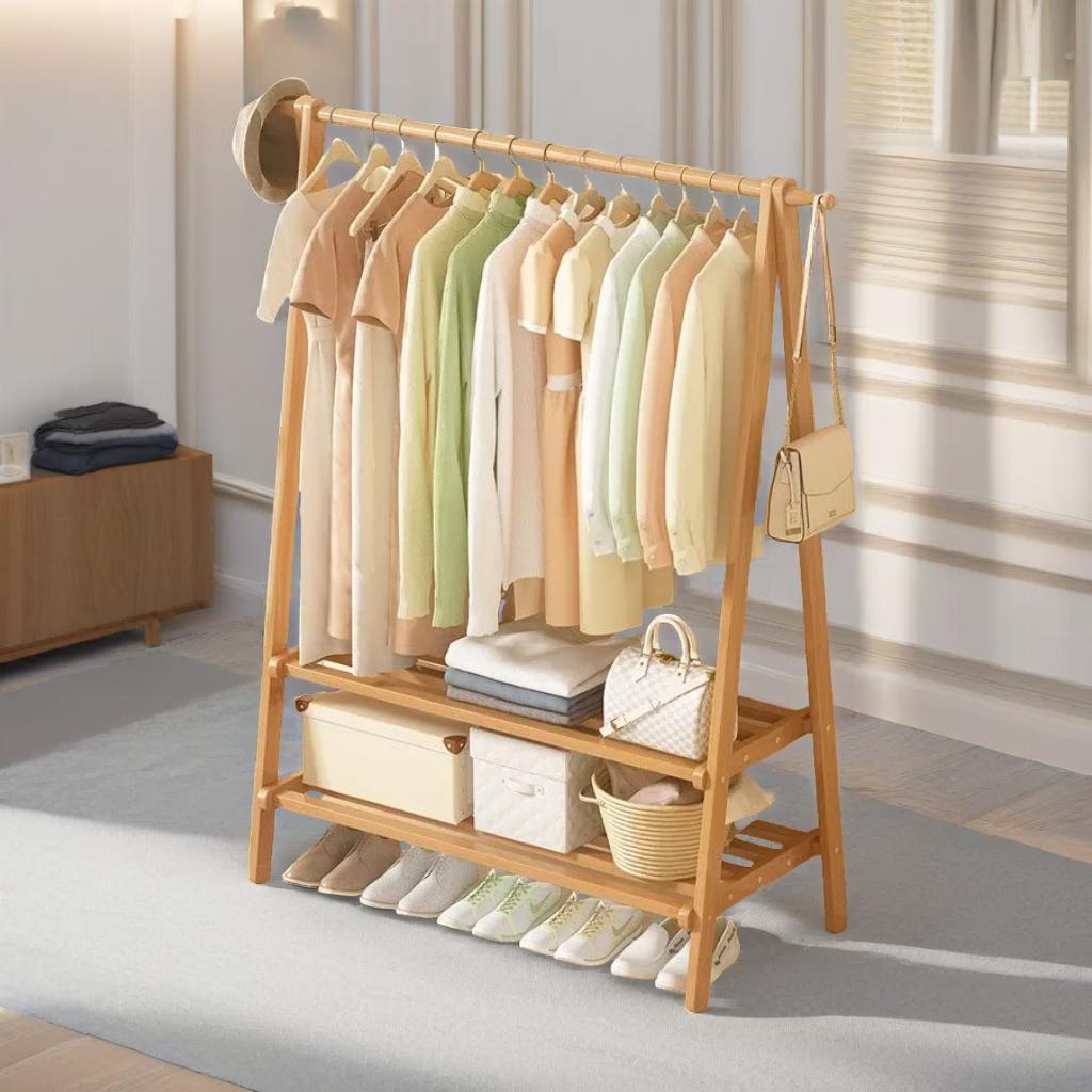 Wooden Folding Open Wardrobe Garment Rail With Storage Shelf Natural Brown