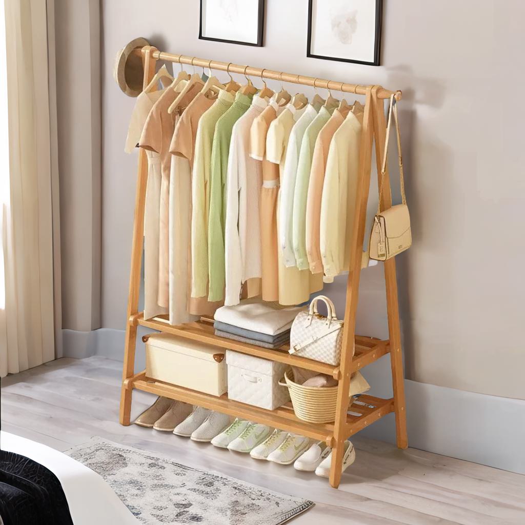 Wooden Folding Open Wardrobe Garment Rail With Storage Shelf Natural Brown