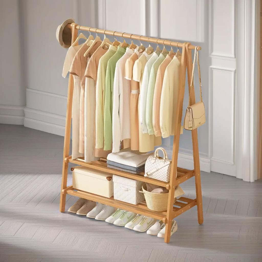 Wooden Folding Open Wardrobe Garment Rail With Storage Shelf Natural Brown