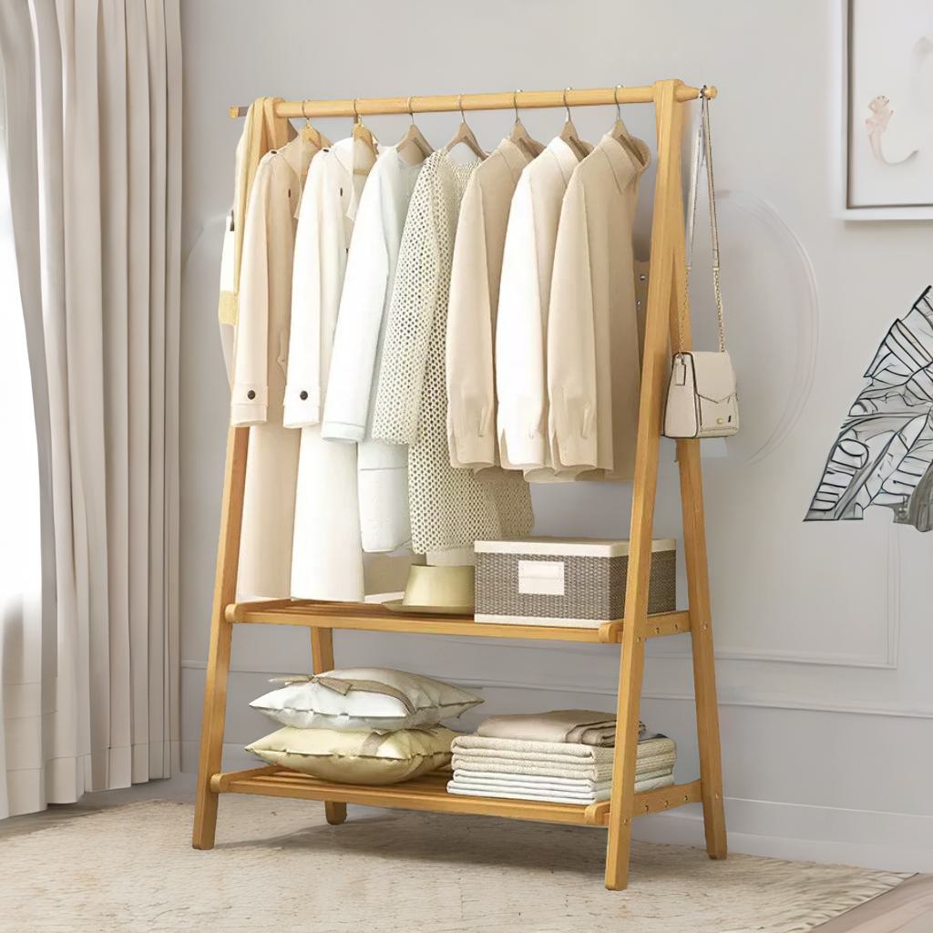 Wooden Folding Open Wardrobe Garment Rail With Storage Shelf Natural Brown