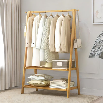 Wooden Folding Open Wardrobe Garment Rail With Storage Shelf Natural Brown