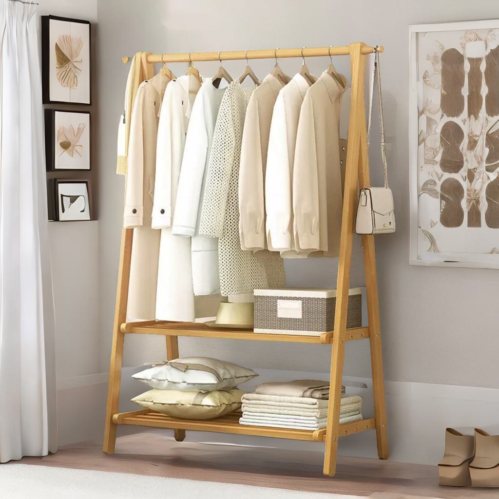 Wooden Folding Open Wardrobe Garment Rail With Storage Shelf Natural Brown