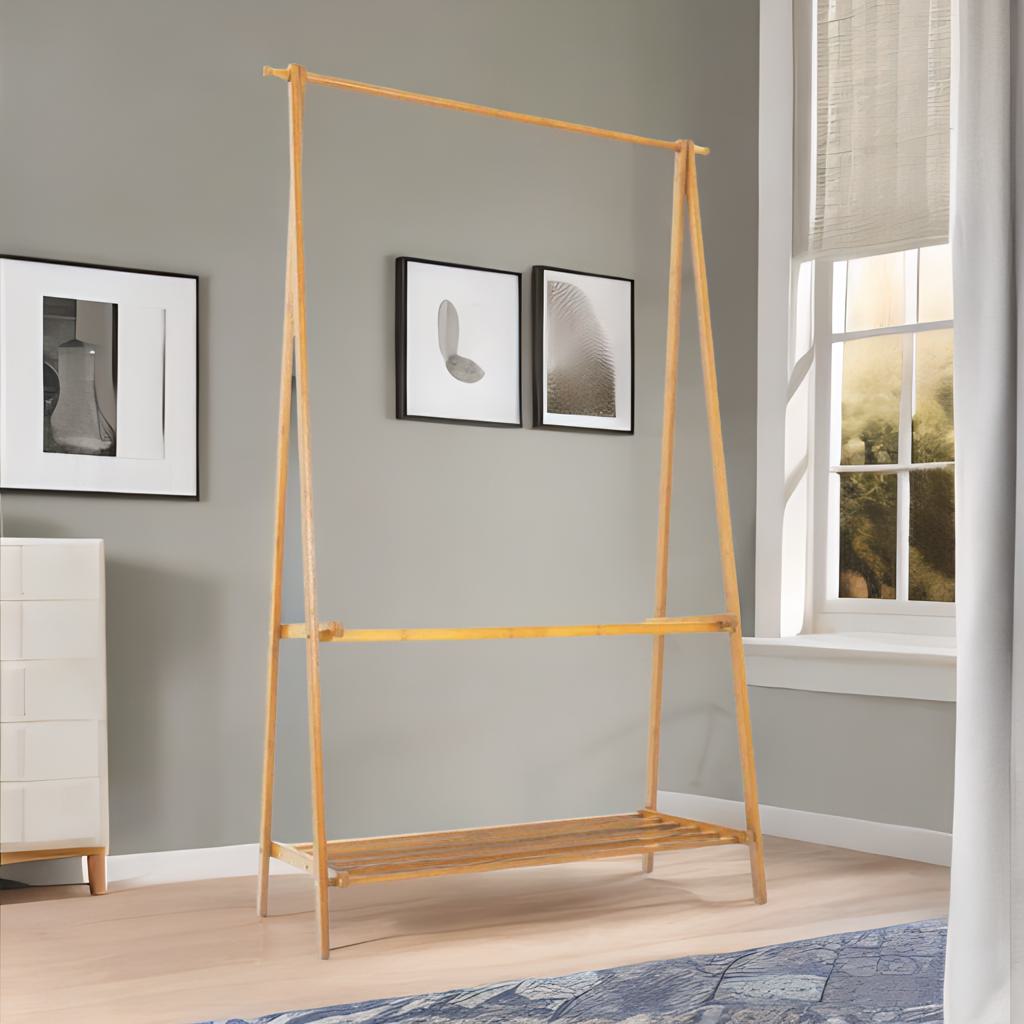 Wooden Folding Open Wardrobe Garment Rail With Storage Shelf Natural Brown