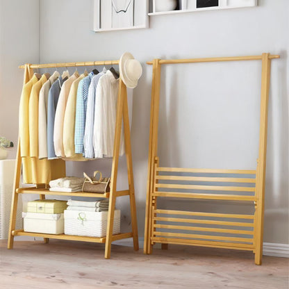 Wooden Folding Open Wardrobe Garment Rail With Storage Shelf Natural Brown