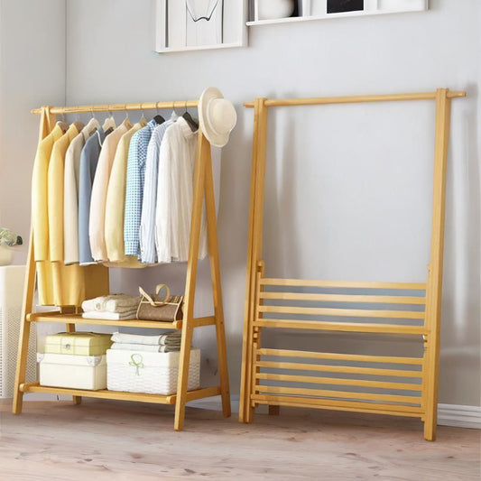 Wooden Folding Open Wardrobe Garment Rail With Storage Shelf Natural Brown