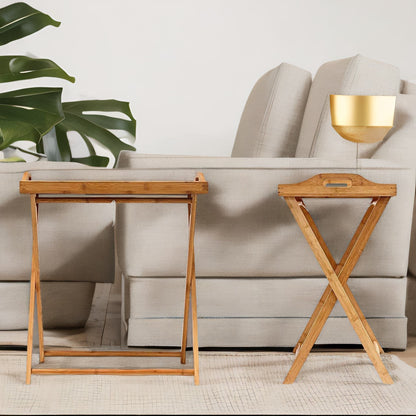 Wooden Folding Side Table With Detachable Serving Tray Brown