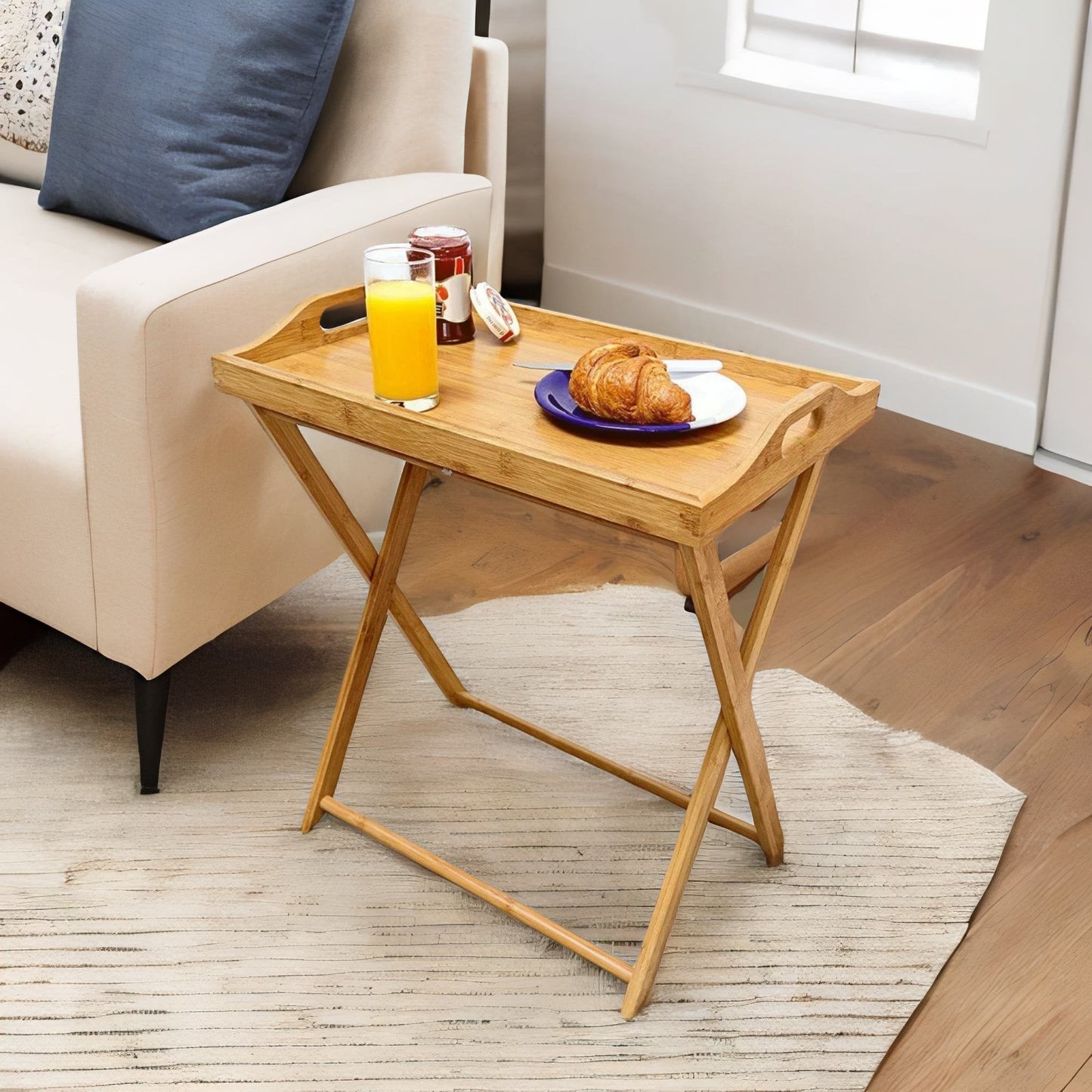 Wooden Folding Side Table With Detachable Serving Tray Brown