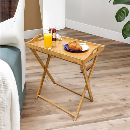 Wooden Folding Side Table With Detachable Serving Tray Brown