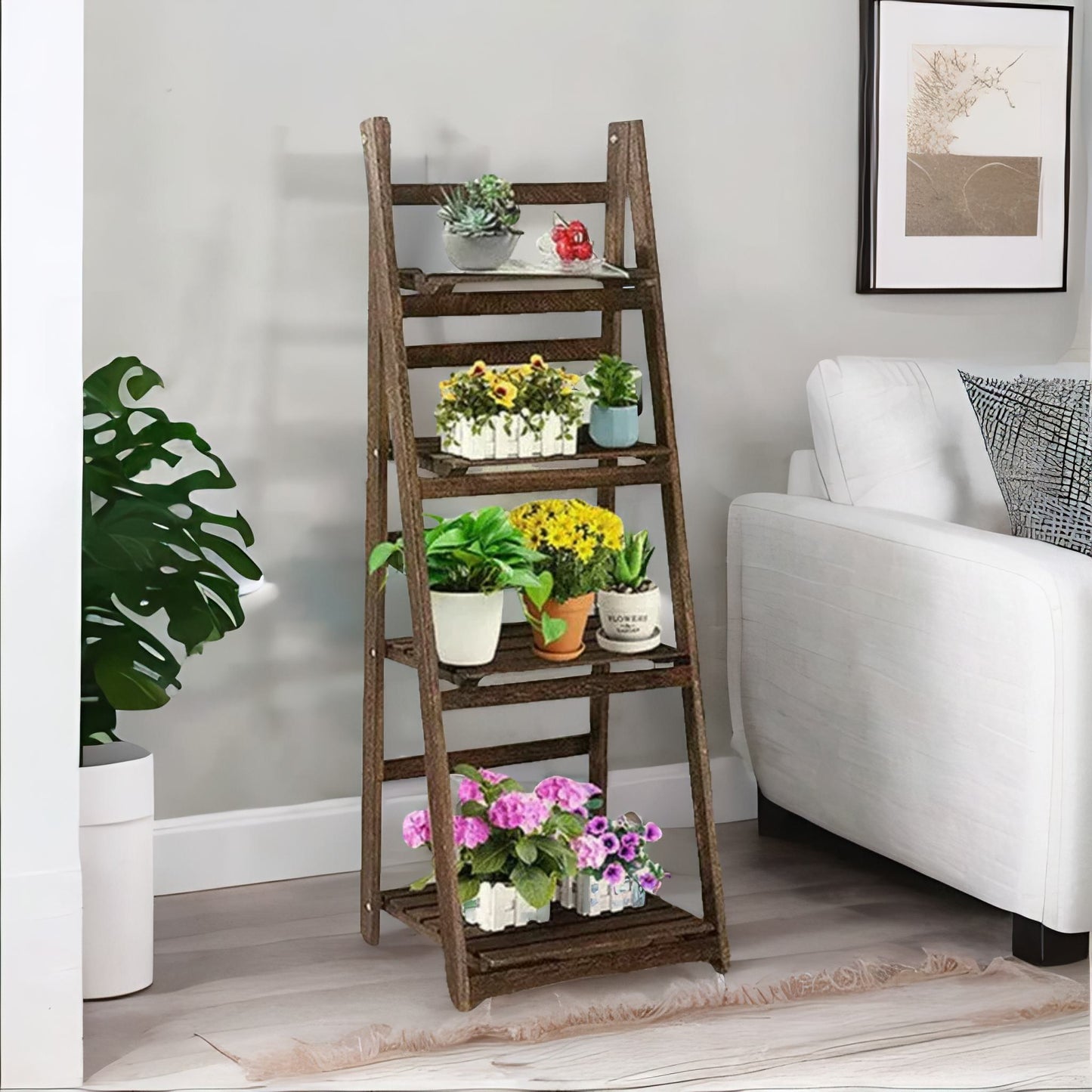 4 Tier Wooden Free Standing Ladder Shelf Natural Brown