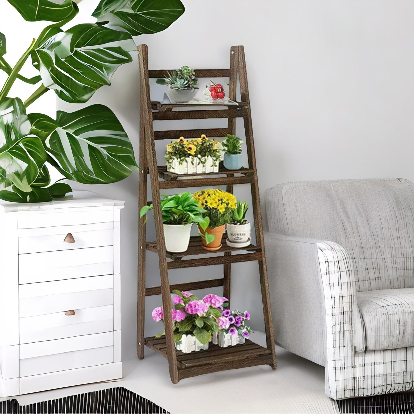 4 Tier Wooden Free Standing Ladder Shelf Natural Brown