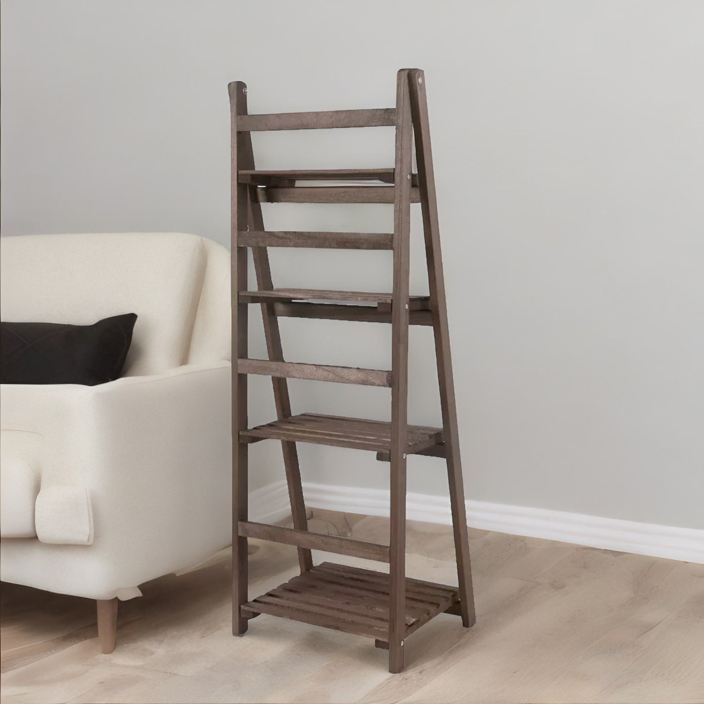 4 Tier Wooden Free Standing Ladder Shelf Natural Brown
