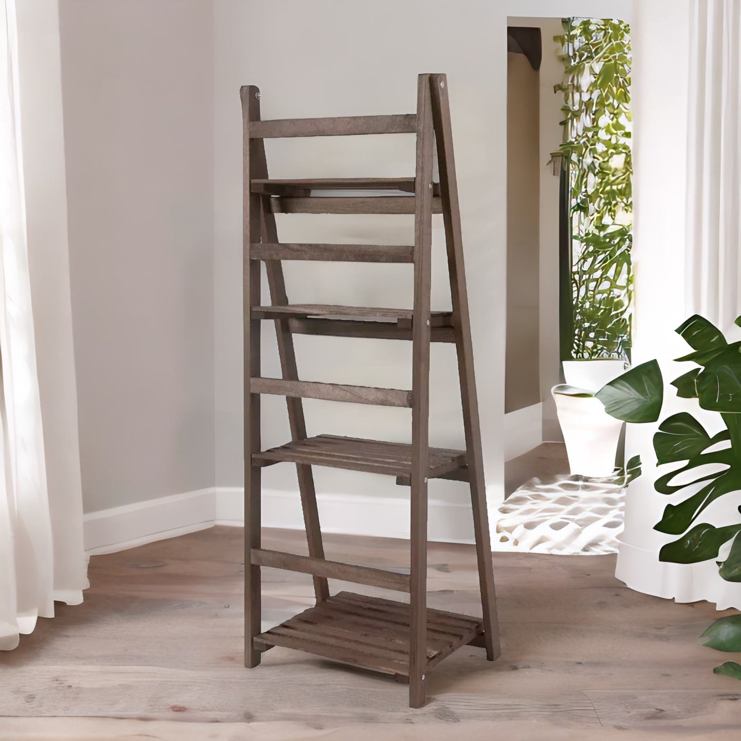 4 Tier Wooden Free Standing Ladder Shelf Natural Brown