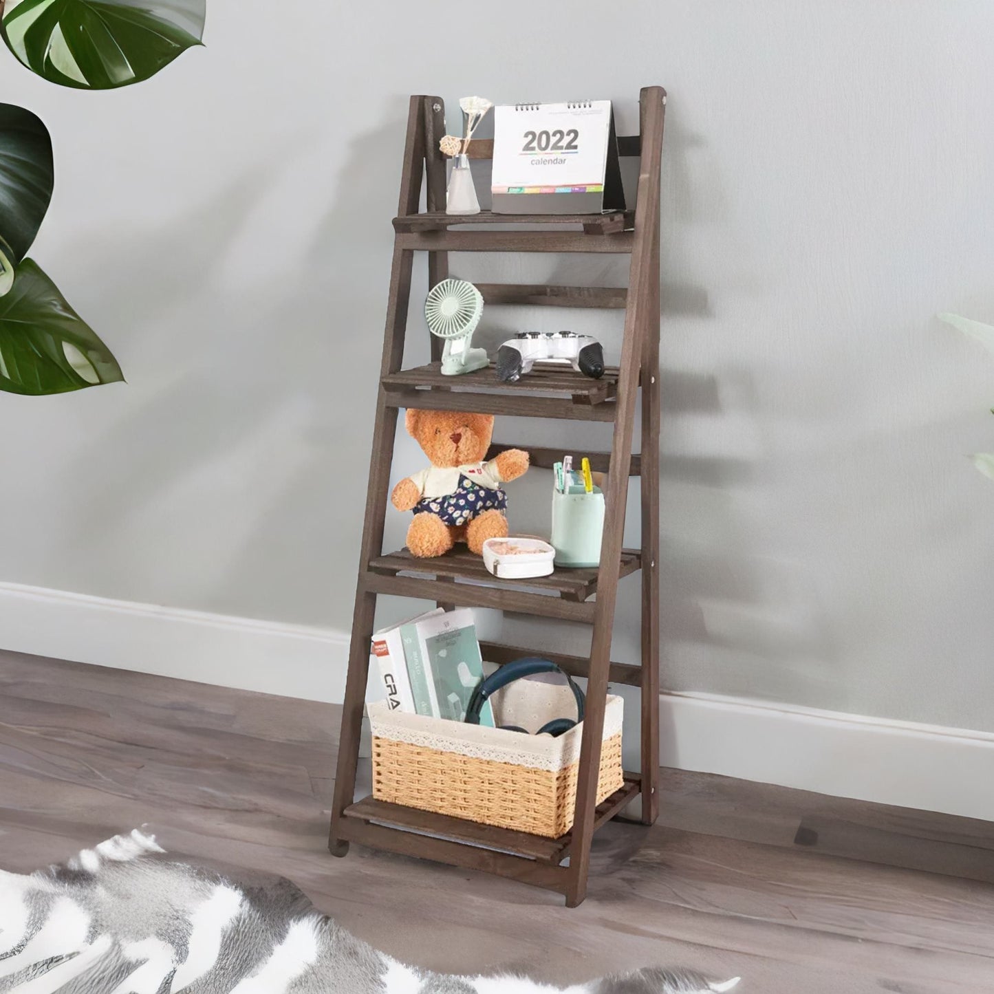 4 Tier Wooden Free Standing Ladder Shelf Natural Brown
