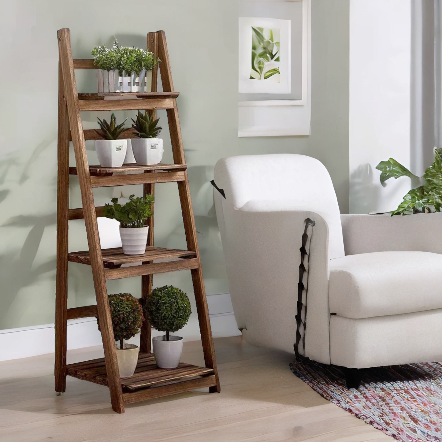4 Tier Wooden Free Standing Ladder Shelf Natural Brown