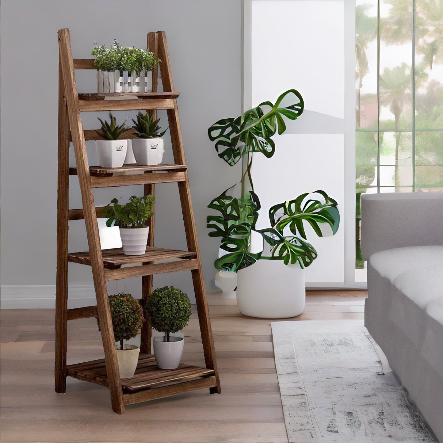 4 Tier Wooden Free Standing Ladder Shelf Natural Brown