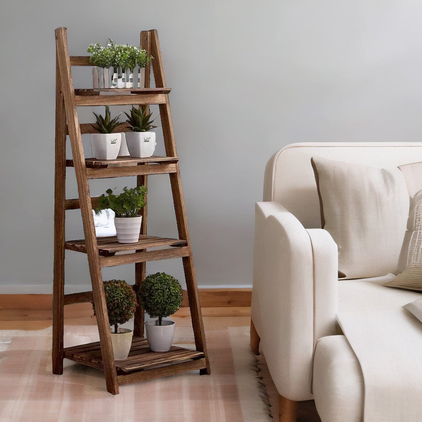 4 Tier Wooden Free Standing Ladder Shelf Natural Brown