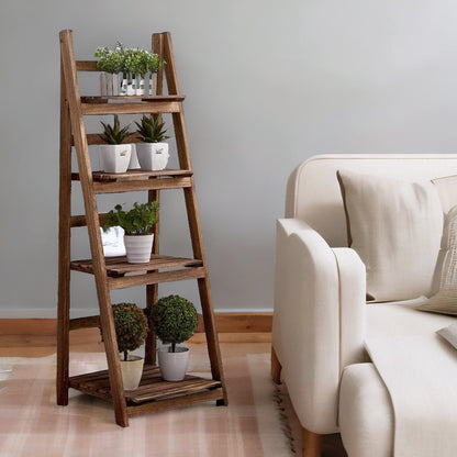 4 Tier Wooden Free Standing Ladder Shelf Natural Brown