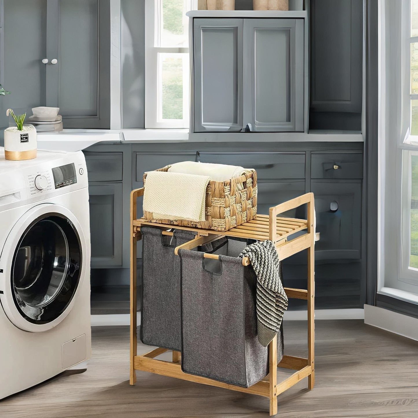 Wooden Grey Pull Out Double Laundry Basket With Shelf
