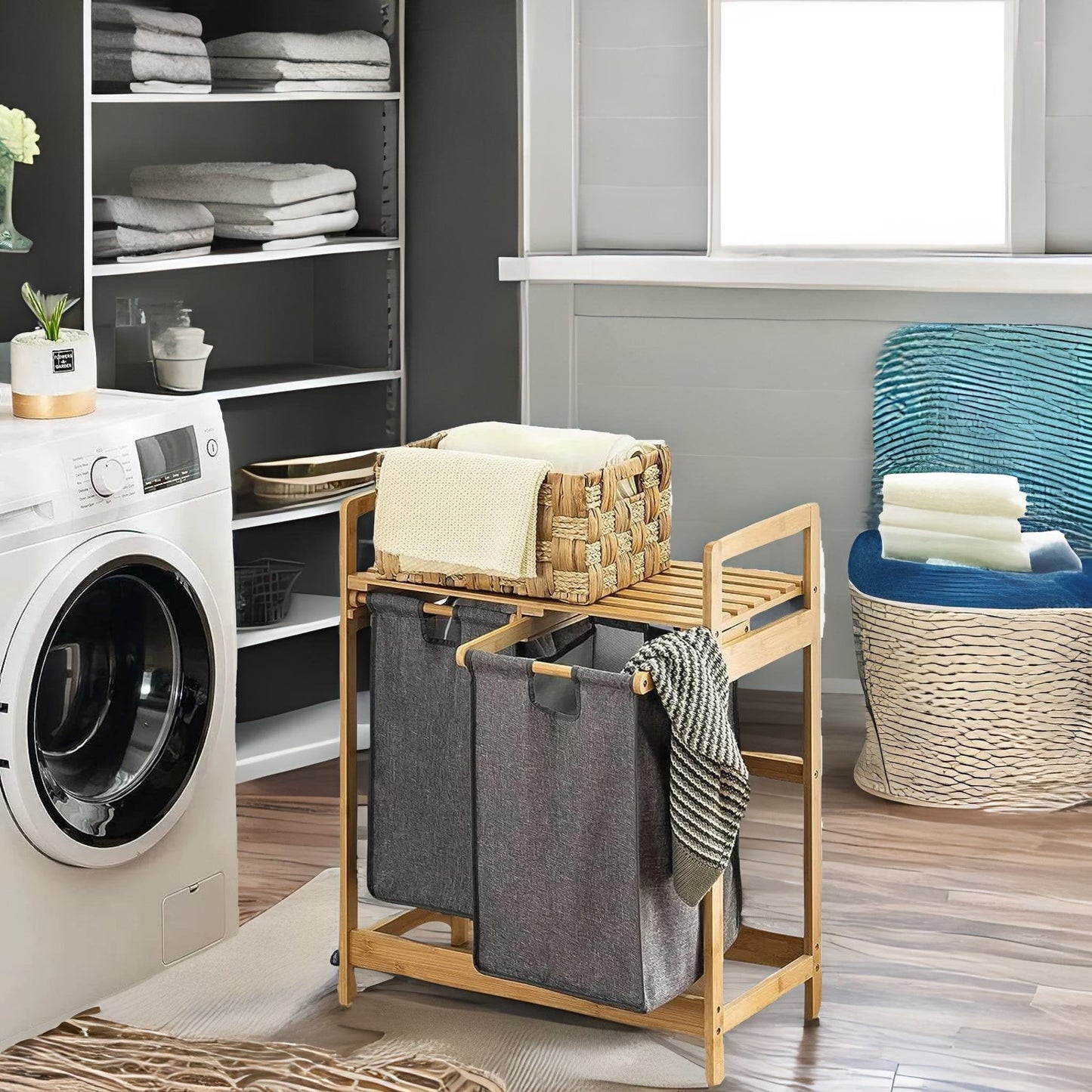 Wooden Grey Pull Out Double Laundry Basket With Shelf
