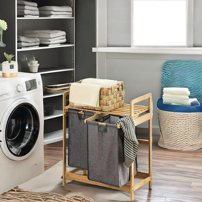 Wooden Grey Pull Out Double Laundry Basket With Shelf