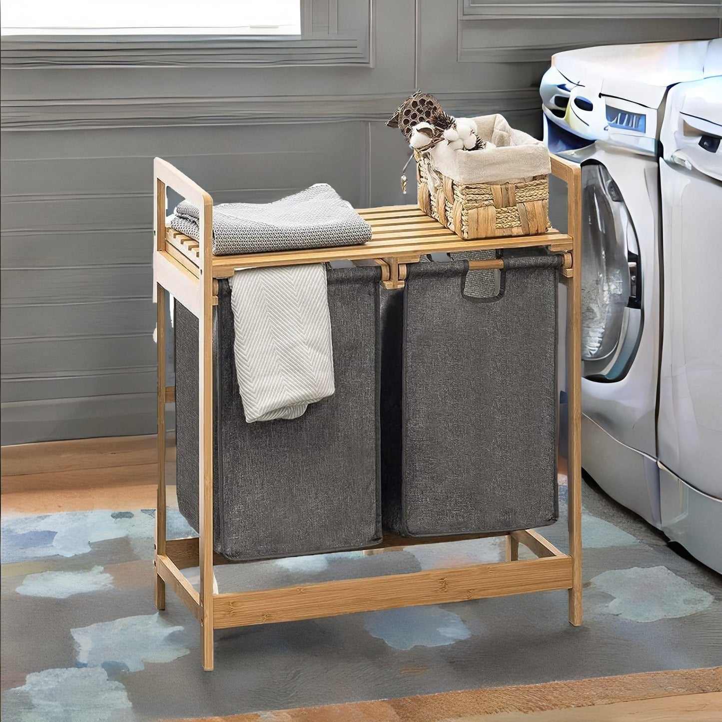 Wooden Grey Pull Out Double Laundry Basket With Shelf