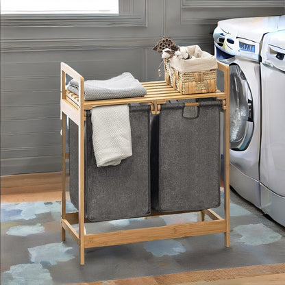 Wooden Grey Pull Out Double Laundry Basket With Shelf