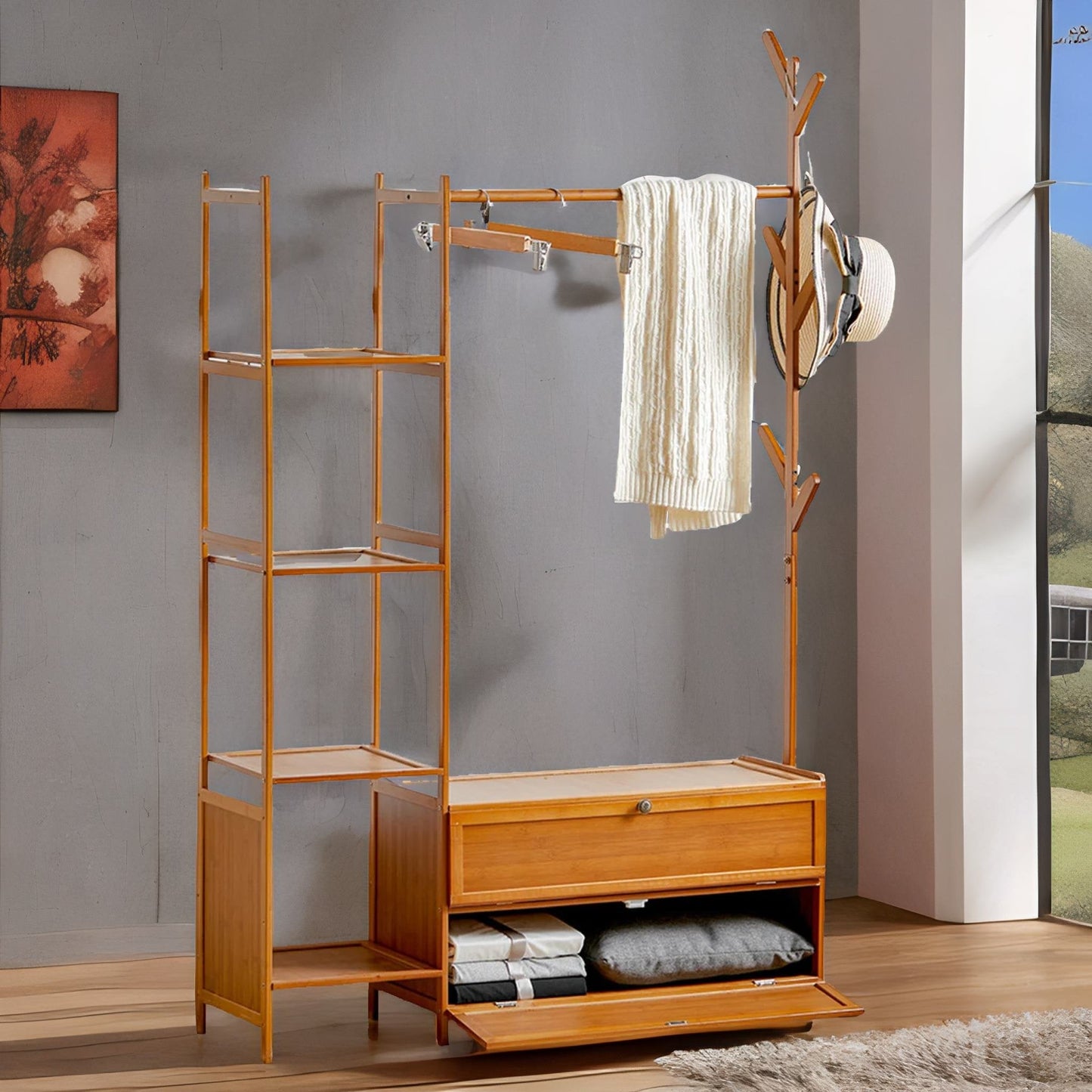 Wooden Coat Stand With Hooks, Shelves & Cabinets