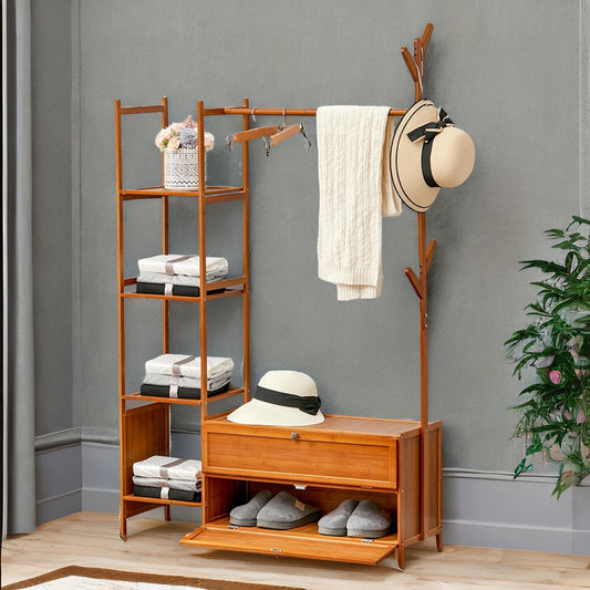Wooden Coat Stand With Hooks, Shelves & Cabinets