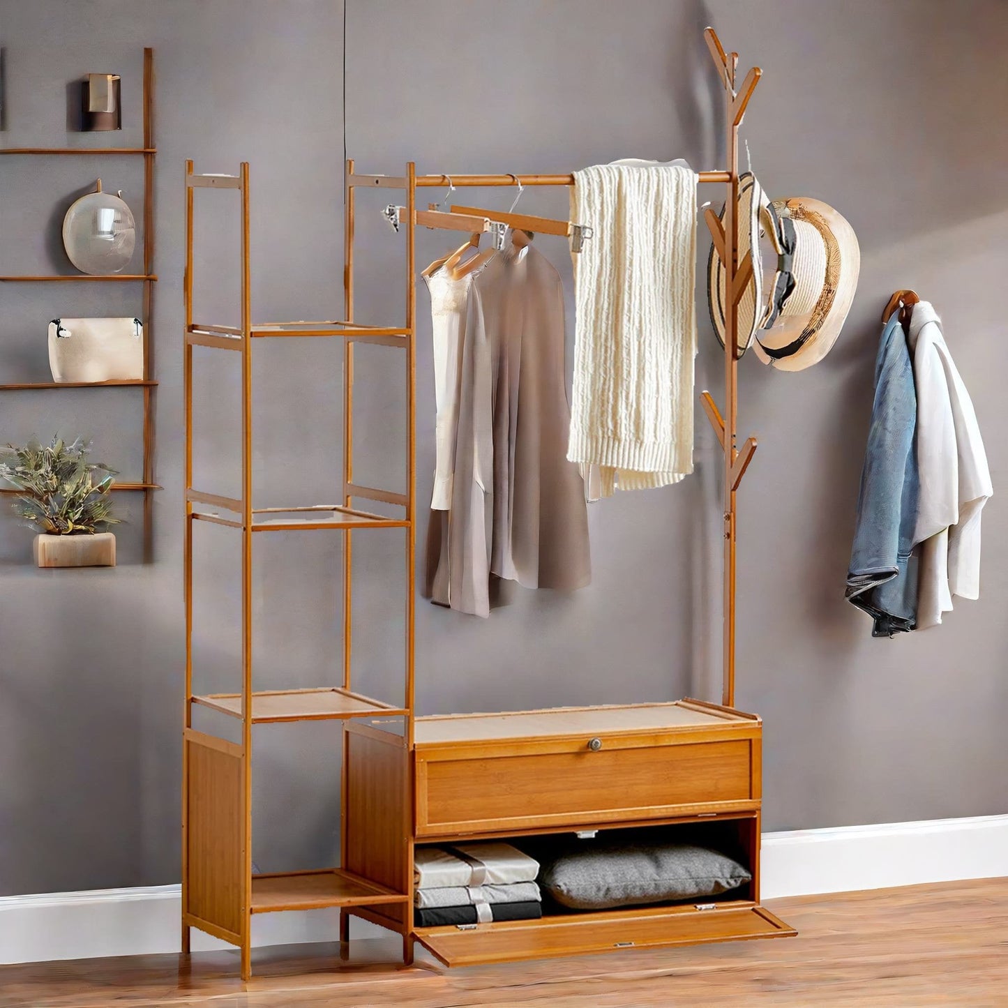 Wooden Coat Stand With Hooks, Shelves & Cabinets