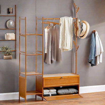 Wooden Coat Stand With Hooks, Shelves & Cabinets