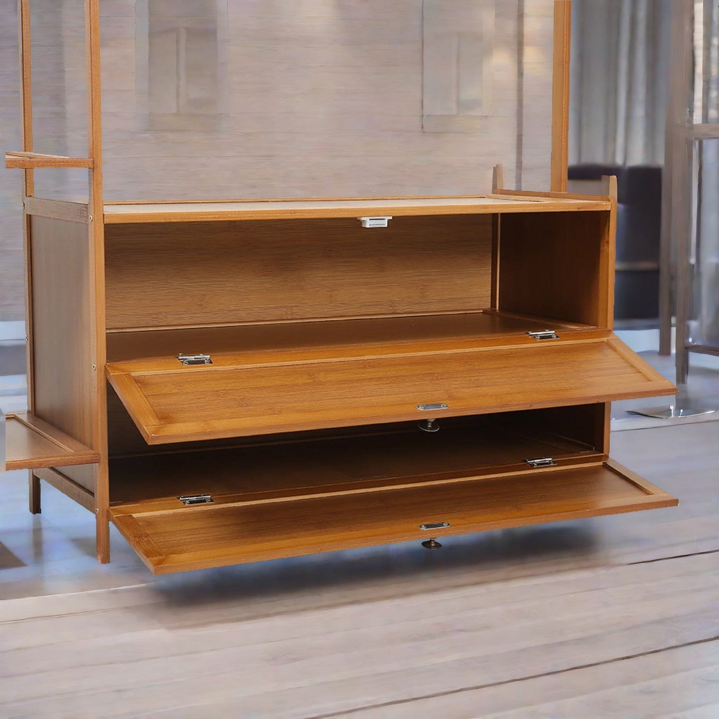 Wooden Coat Stand With Hooks, Shelves & Cabinets